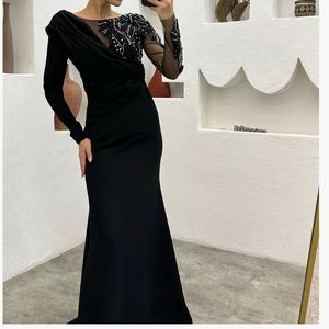 Black Tulle and chiffon beaded evening gown